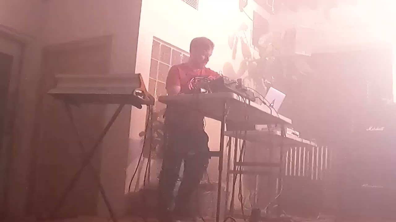 Performer at keyboards in a pink haze