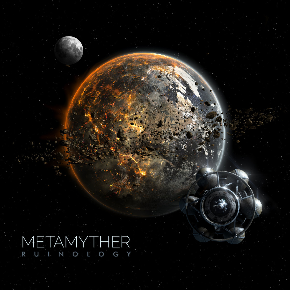 Ruinology album cover with a weathered planet and moons